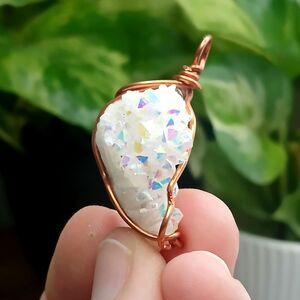 Aura Quartz Crystal Cluster Pendant, Copper Wire Pendant, 1.75"